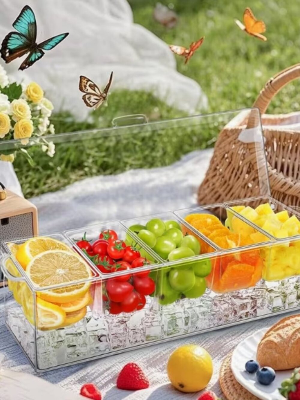Large Ice Chilled Condiment Caddy w/ Lids and 5 Separate Removable Compartments
